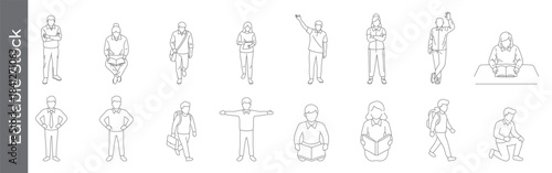 CAD style people vector drawing line icon set – editable outline symbols of office worker, student, reading, standing, sitting, walking and gesture outline figures