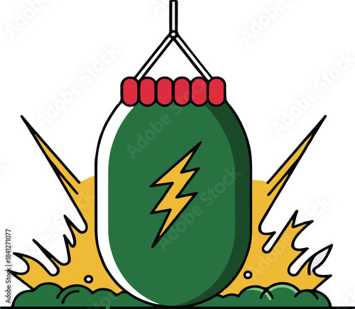 Punching bag with lightning strike and energy blast.