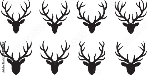 Eight Black Silhouette Deer Heads with Antlers Facing Forward on a White Background Keywords: deer, stag, head, antlers, silhouette, black, white background, animal, wildlife, nature, mammal