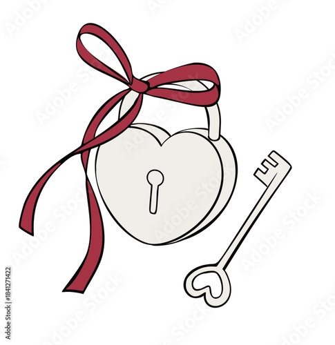 Hand drawn cute heart shaped key and closed lock with bow ribbon. Hand-drawn vector set of Coquette aesthetic bow ribbon in pink
