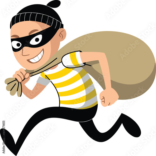 Cartoon illustration of a smiling thief in a mask and striped shirt running away with a large sack of stolen loot, representing crime, theft, and robbery concepts.
