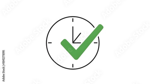 Clock face with a green checkmark, symbolizing time management or completion on white background