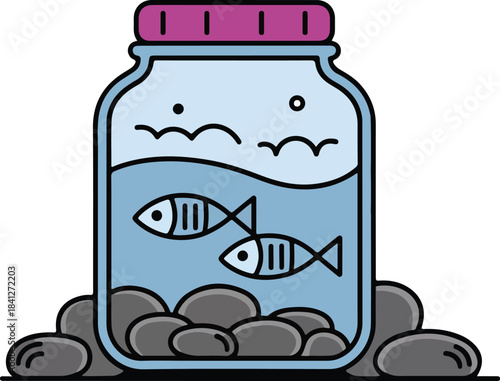 Simple cartoon illustration of fish in glass jar aquarium.