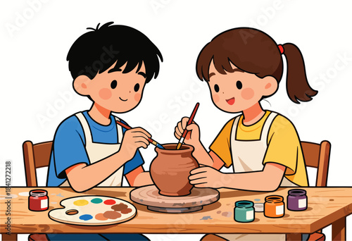 Children paint a clay pot on a pottery wheel together at a table