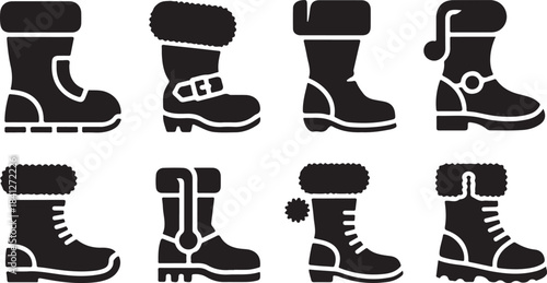 Eight black silhouette icons of winter boots with fur trim and decorative elements footwear