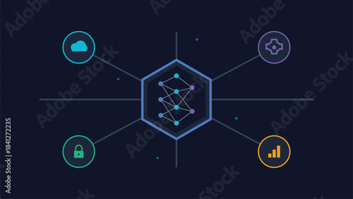 Abstract network data visualization connecting various digital services and security