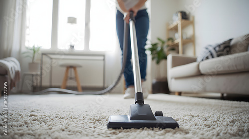 woman vacuuming the carpet at home