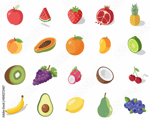 Flat Style Detailed Various Type of Fresh Fruits Illustration Asset