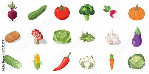 Pixelated Various Fresh Farm Vegetables Isolated Collection Illustration