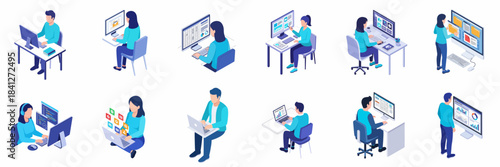 Isometric Style Collection People Working with Computer, Laptop Illustration Set