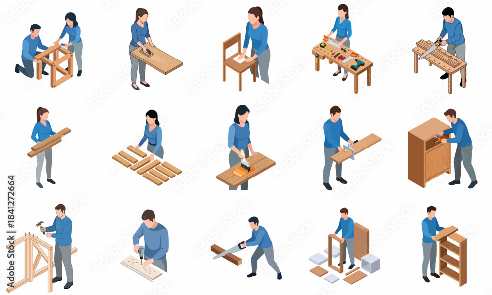 Fototapeta premium Isometric People Assembling Wooden Furniture Carpentry Working Character Set