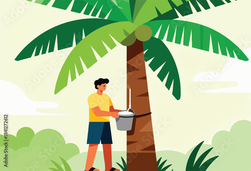 Person collects liquid from a palm tree into a bucket