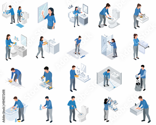 Isometric Detailed People Cleaning Bathroom and Toilet Room Illustration