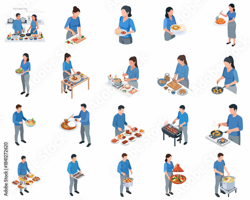 Isometric Detailed Cooking Preparation Variety Activity Character Set Illustration