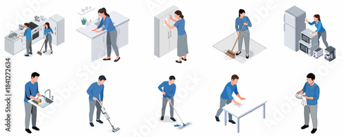 Isometric People Doing Housework and Cleaning Appliance and Furniture Illustration