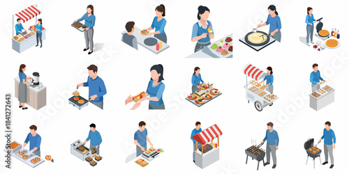 Isometric Detailed Street Food Seller and Customer Scene Illustration Set