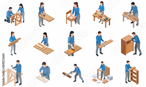 Isometric People Assembling Wooden Furniture Carpentry Working Character Set