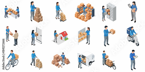 Isometric Detailed Delivery Process and Shipping Logistics with People and Boxes Illustration