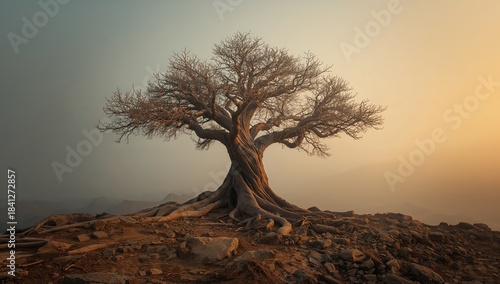 Standing gnarled tree receiving warm light on rocky plateau, with exposed roots and rocks