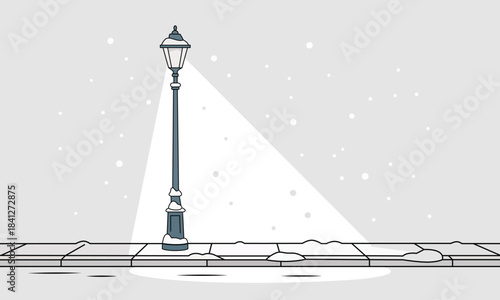 Classic oldfashioned street lamp illuminates a charming snowy winter scene with falling snowflakes