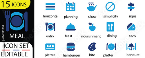 Meal icon set.Solid Meal Planning Icons: Minimalist Vector Food & Dining Signs.meal, food, icon, vector, dining, planningand more. Vector solid icons collection.