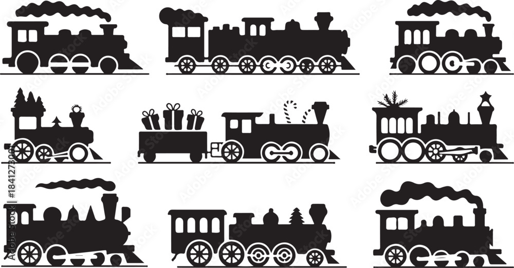 Obraz premium Nine Black Silhouette Designs Of Festive Steam Trains With Christmas Elements locomotive engine