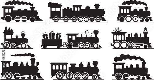 Nine Black Silhouette Designs Of Festive Steam Trains With Christmas Elements locomotive engine