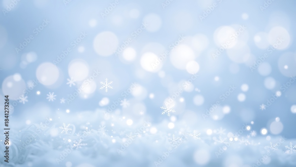 Fototapeta premium Generative AI depicting a serene winter snow scene with shimmering snowflakes and soft bokeh