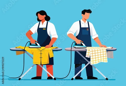 Two individuals iron clothes on separate boards, one ironing a yellow garment and the other a checkered cloth