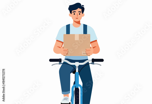 A smiling person in blue overalls on a bicycle holding a parcel