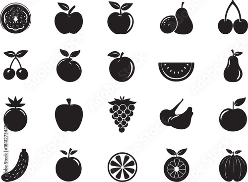 Vector set of fruit and berry icons, including apple, pear, strawberry, cherry, lemon, pineapple, banana, and orange, for healthy food design illustration
