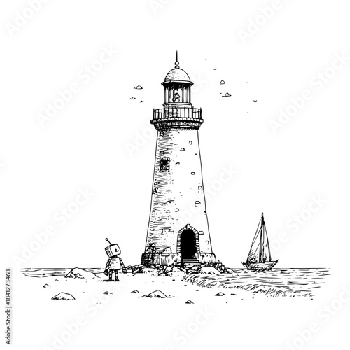 Ink drawing of a traditional lighthouse on a small island with a curious robot and a sailboat, isolated on
