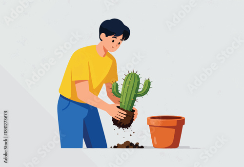 A young person gently transplants a potted cactus into a new terracotta pot