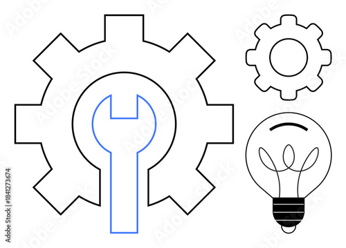 Innovation, technical support, engineering, creative solutions, industrial design, idea development. Gear, wrench and light bulb in minimalist design. Innovation and technical support concept