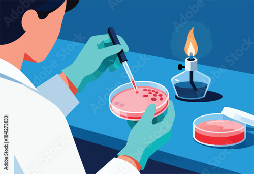 Researcher in lab coat and gloves uses pipette on petri dish near Bunsen burner