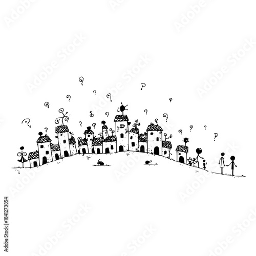 Whimsical black and white line drawing of a charming village on a rolling hill, isolated on