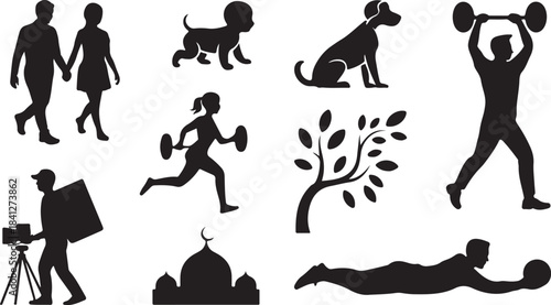 Nine black silhouette icons of people animals and objects Keywords: silhouette, people, couple, dog, puppy, baby, man, woman, child, athlete, photographer, building, mosque, activity, fitness