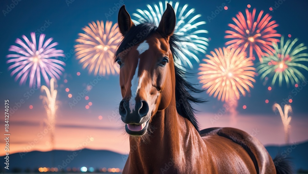 Obraz premium Horse under nighttime fireworks display — AI generated