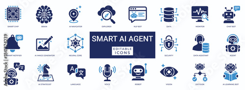 Smart AI agent solid icon set featuring virtual chat bot assistant, digital robot support, machine learning brain, and voice technology automation vector symbols