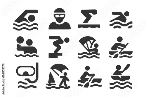 Monochrome aquatic sports icon set featuring swimming and water activities symbols.