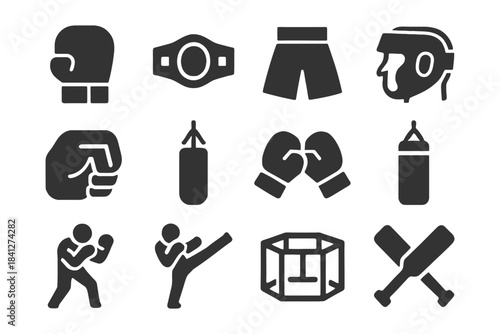 Martial arts equipment and poses icon set: gloves, belt, bag, cage, fighters.