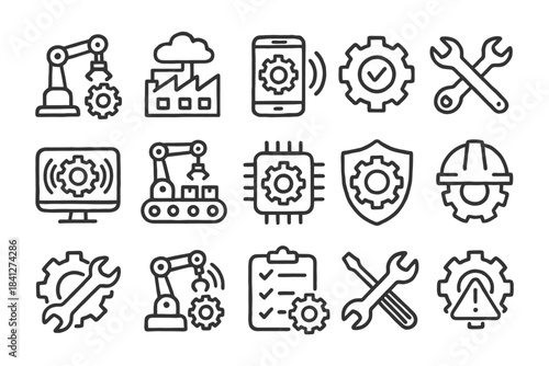 Industrial automation icons: gear, robot arm, chip, tools, safety helmet, settings.