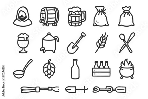 Brewery icons: beer barrels, hops, barley, brewing tools, medieval style.