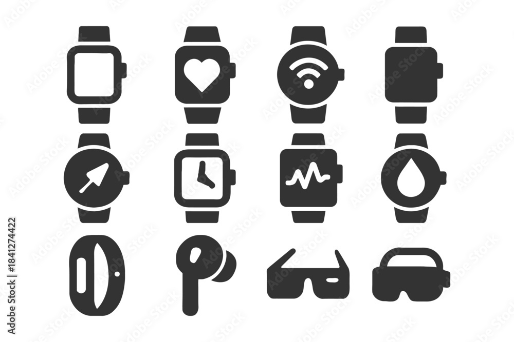 Fototapeta premium Icon set of smartwatches and wearable devices with various features.