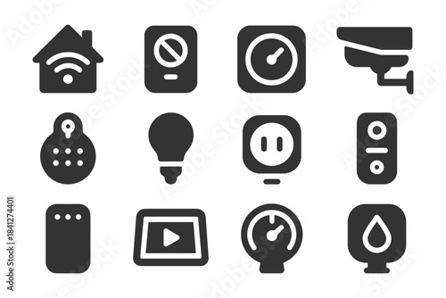 Smart home technology icons: security, energy management, automation.