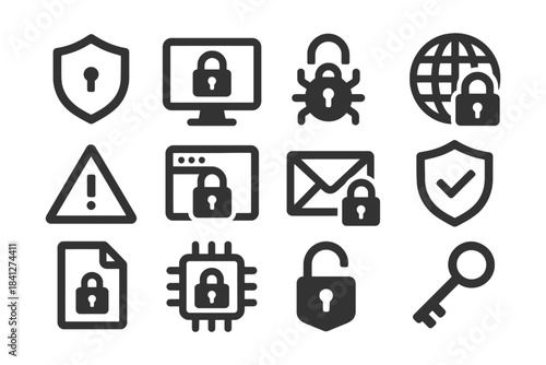 Cybersecurity icons: lock, shield, virus, network security symbols.