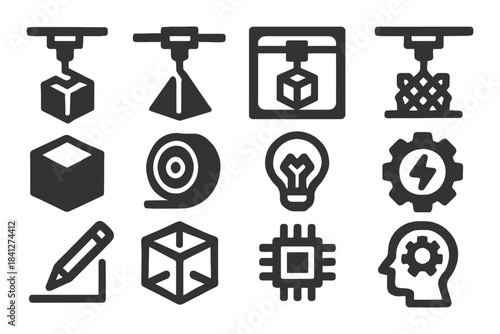 3d printing icons: cube, filament, lightbulb, gear, pencil animation tools.