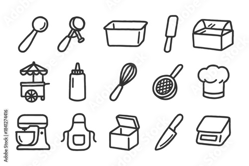Hand-drawn baking utensils and equipment icons set.