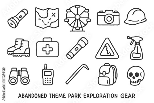 Abandoned theme park exploration gear sketch with tools and safety items.