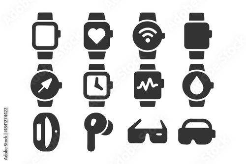 Icon set of smartwatches and wearable devices with various features.